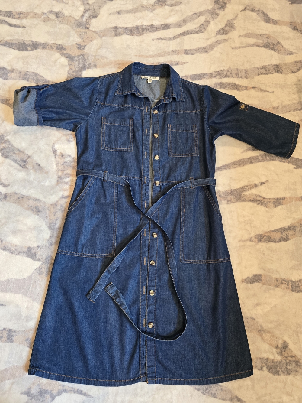 Girls' Dark Blue Denim Button-Front Dress with Waist Tie